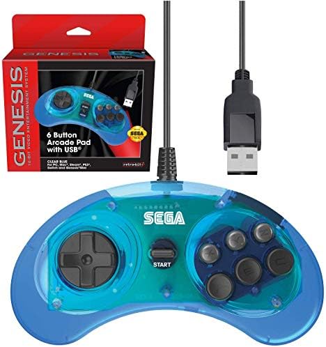 Официален USB контролер Sega Genesis в стил ретро, 6 Бутон на Аркадна панел за Sega Genesis Mini, PS3, PC, Mac, Steam, Switch - USB Порт - (Прозрачен синьо)