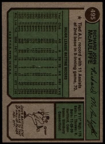1974 Топпс 495 Дик Mcauliffe на Бостън Ред Сокс (бейзболна карта) в Ню Йорк+ Ред Сокс
