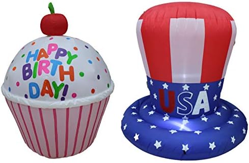 Два комплекта бижута за рожден ден и патриотична партита, включително и надуваем cupcake честит рожден ден на височина 4 фута с череши и надуваем цилиндър чичо Сам висо