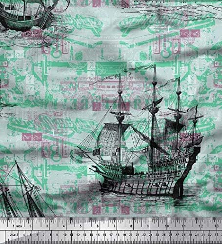 Памучен трикотажная плат Soimoi с принтом Кораб океана ширина 58 см