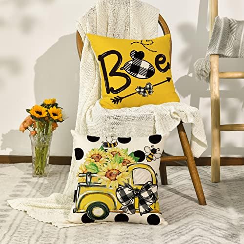 AVOIN colorlife Лятна Калъфка за възглавница Hello Sunshine Bee Truck в Грах, 18x18 Инча, Летните Калъфки за мека мебел, Комплект