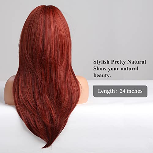 Червени перуки HAIRCUBE за жени, дълги многослойни перуки с бретон, перуки, изработени от устойчиви на топлина синтетични влакна