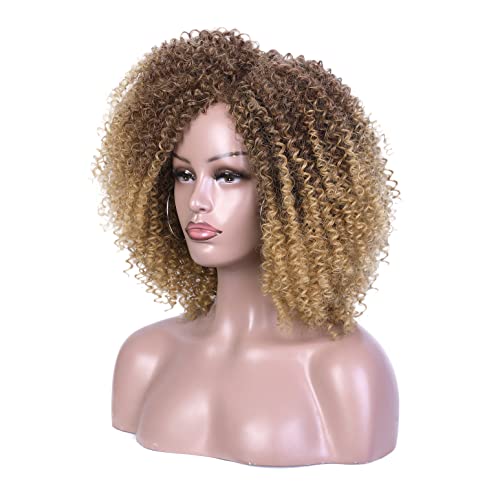 Лейди Миранда афро къдрава перуки Къса къдрава перуки в стил афро, синтетични пълна перуки за черни жени (блондинка омбре)