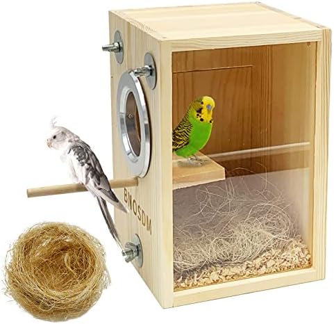 BNOSDM Къщичка за Папагали Прозрачни Къщички За Птици за Разплод Птичья Клетка от Масивно Дърво с Кокосово Влакно за Чифтосване