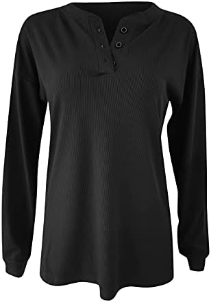 Дамски ежедневни ризи Henley, обикновен пуловер с кръгло деколте и копчета, блузи-ризи свободно намаляване с дълъг ръкав