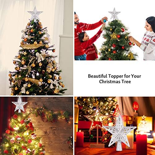 Topper за коледната елха с една запалена звезда [Сребрист], 3D Куха Сверкающая Звезда, Topper за Коледната елха с Въртяща Проектор