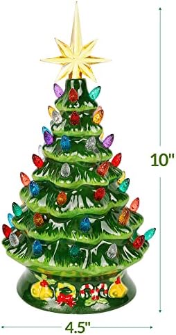 Керамични Елха Biswing с подсветка на Коледната Маса, 10-Инчов Предварително осветени Мини-Коледна Зелена Елха със Звезда и Разноцветни