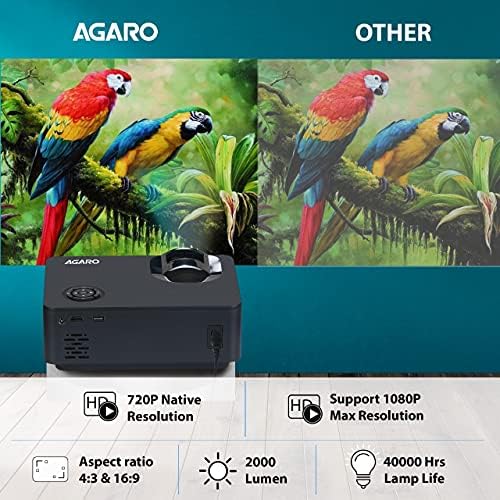 Проектор AGARO AG60S Andriod HD с видеопроектором 2000 Апартамент Full HD 1080P, съвместима с вашия смартфон, HDMI, VGA, AV и USB,