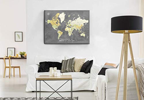 Карта на света с бутони Модерен дизайн | Карта за пътуване с бутони върху платно | Персонализирана Карта на света с болтове | 24