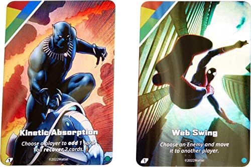 Комплект от 3 теми Mattel Games UNO Ultimate Marvel Add-On с колекционерски тесте герои и 2 карти от фолио, в който са включени спайдърмен, Д-р Стрэндж и Scarlet Witch.