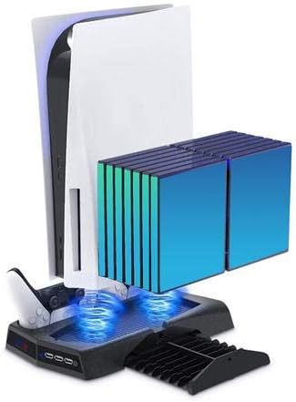 Вертикална поставка за PS5 С охлаждащ вентилатор Поставка за зарядното устройство за контролер DualSense Охладител за PS5 С поставка за дискове Многофункционална база С 1