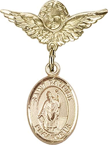 Детски икона Jewels Мания за талисман на Св. Патрик и икона на Ангел с крила на Булавке | Детски икона от 14-каратово злато с талисман
