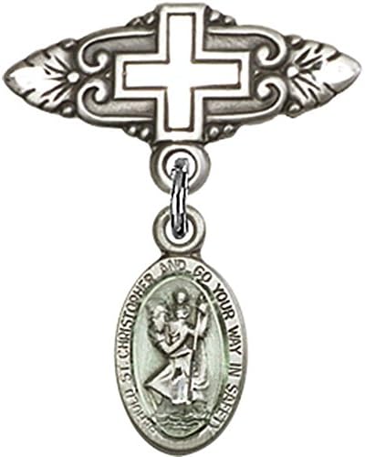 Детски икона от Сребро със Син чар на Св. Кристофър и Игла за Икона с Кръст 7/8 X 3/4 инча