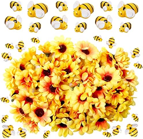 Yzzsjc 50шт Малки Пчели от Смола Декор с 50шт Мини Изкуствени Копринени Жълти Глави Семки 3 Размера Във Формата на Пчела Занаят и Декорация от Плат на Цветя Слънчоглед СА
