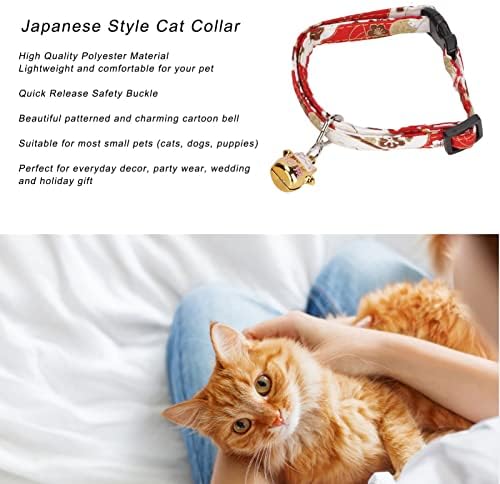 Японски Нашийник-кимоно за котки, Лек и Удобен котешки нашийник със Звънци за Малки животни, Изпълнена в японски стил - Lucky red
