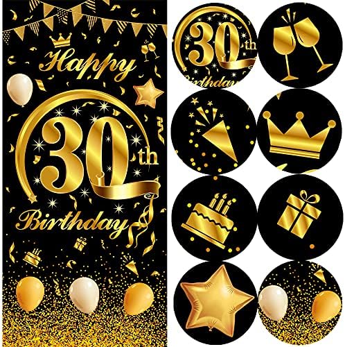 Mocossmy С 30-ти Рожден Ден на Вратата Банер, Голям Черен и Златен честит Рожден Ден на Вратата на Кутията Верандата Фон За Снимки Знак за Жени, Мъже Подаръци На Закрито, Н