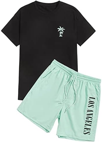 Floerns Мъжки Облекла от 2 теми, Тениска с графичен принтом, Комплект спортни шорти на съвсем малък, Черно-Зелено S