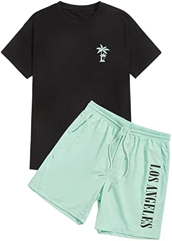 Мъжки дрехи Floerns от 2 теми, Тениска с графичен принтом, Комплект спортни шорти на съвсем малък, Черно-Зелен L