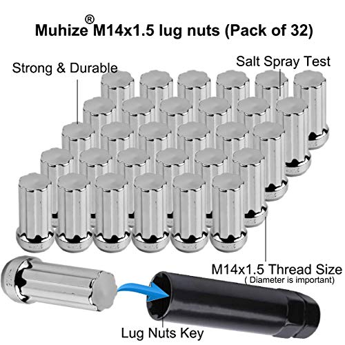 Джанти ядки MuHize Chrome M14x1,5 - Усъвършенстване на дължината на гайката с 2 ключове (новост 2023 г.), 32 бр., джанти гайки за
