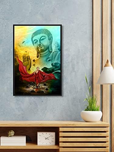 999Store плаващ рамка с благословията на господ гаутама буда с дете-монах вертикална картина за стена (Canvas_Black Frame_16X24