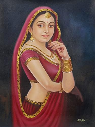 НОВИКА Червени или Розови Болливудские реалистични картини Живопис от Индия Красотата Раджастански Iv