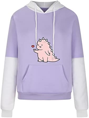 Hoody с Динозавром, Женска Тениска С Принтом на Сърцето, Красиви Блузи, Пуловери, Блузи, Свободен Цветен Блок, Блузи С Качулка И