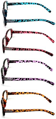 V. W. E. 4 двойки от женски правоъгълни очила за четене с пайети - мода леопардовые очила с прозрачни лещи, Деми костенурка