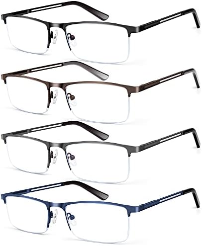 KONHAGO Синя Светлина Блокер Очила за Четене за Мъже, Наполовина Дограма Метални Очила За Четене с Пружинным тръба на шарнирна Връзка,