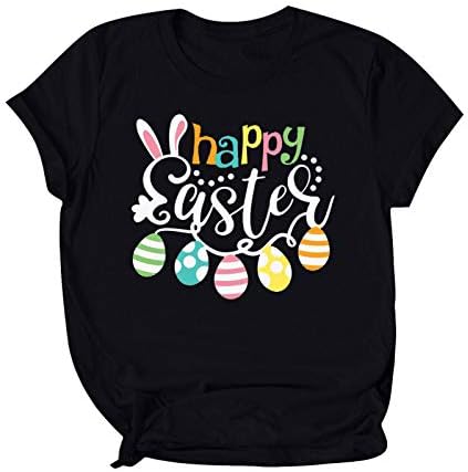 Честит Великден на Женската Риза Забавен Заек Яйца С Писмото Принтом Празнични Ризи Свободна Тениска С Кръгло деколте И Къс Ръкав