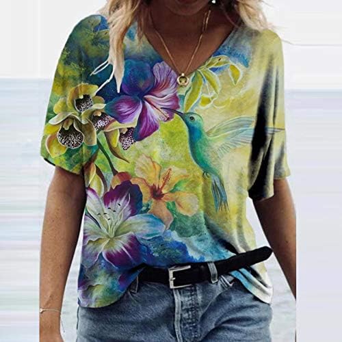 Тениски с Флорални и Инфинити Принтом, Дамски Блузи с Къс ръкав, Свободна Ежедневни Класическа Блуза с V-образно деколте за Момичета