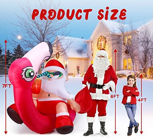 Коледни надуваеми играчки 7x8 метра на открито, Гигантски коледни украшения във формата на дядо коледа и Фламинго с вградени led
