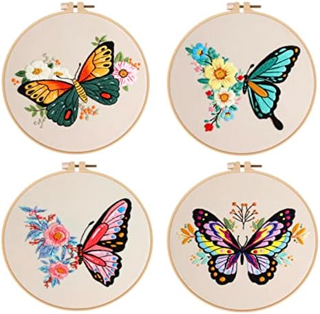 Yutaohui 4 Комплекта, комплект за бродиране пеперуди за възрастни с 2 бамбукови обръча, комплекти за бродерия на цветя, пеперуди
