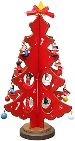CHDHALTD Мини Коледно Дърво, Дървени Цветни Коледна Рана, Тенис на Декор, игри на Декорация за Коледни подаръци (23 см, червено)