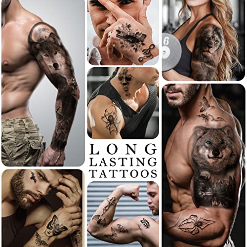 SOOVSY 46 Листа Временни Татуировки за мъже (22,83 X 7,1), Много Голям Ръкав за временни Татуировки в цялата страна за жени, Стикер с изображение на Лъв, Тигър, Змия, Вълк, Водо