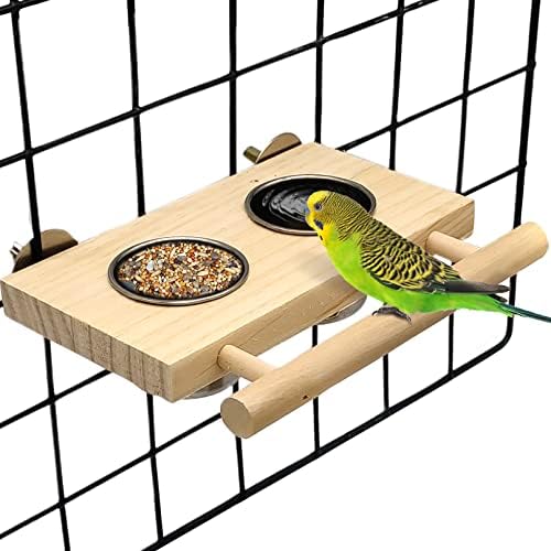 Tfwadmx Храна за птици Чаша от Неръждаема Стомана и Дървена Поставка за Костур Висящи Хранилки Купи Принадлежности за Хранене и